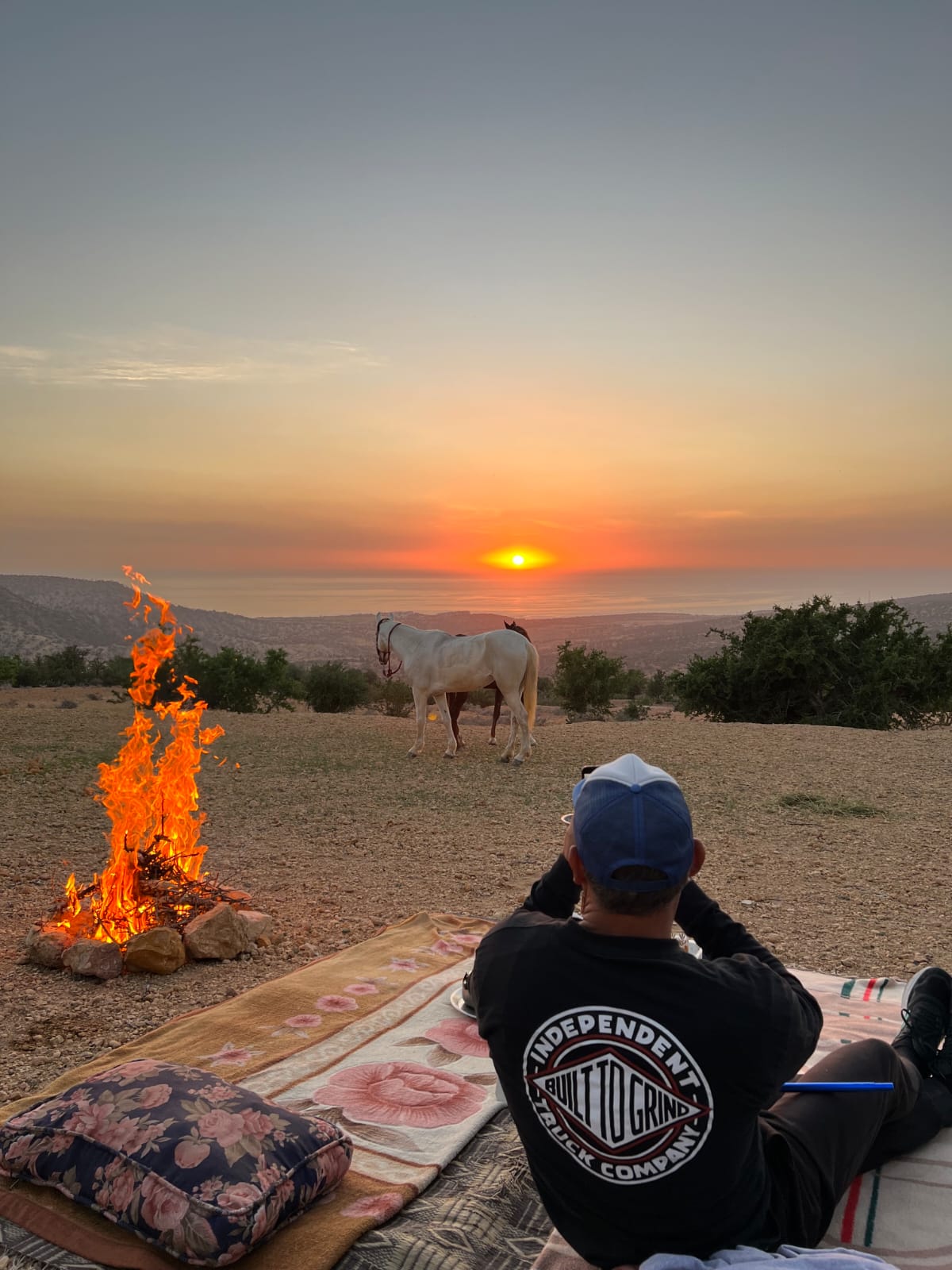 Campfire and horses overlooking Atlantic sunset