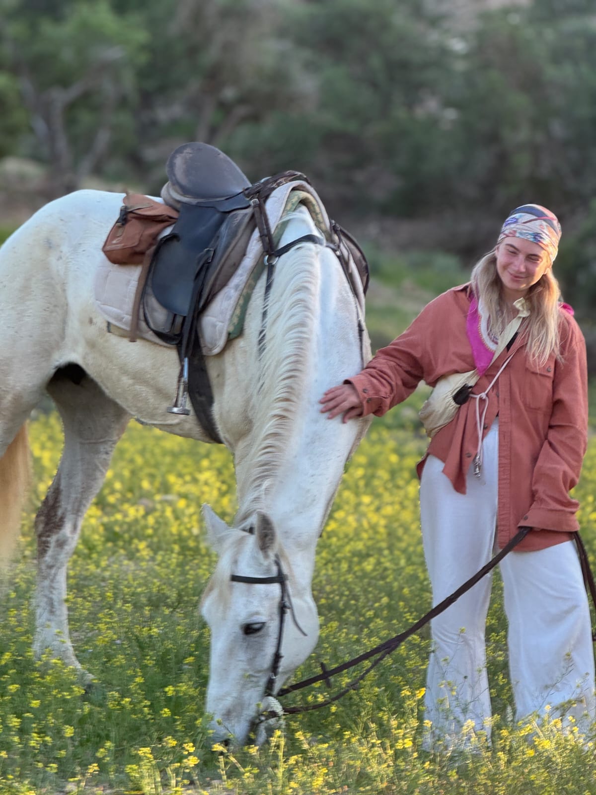 Rider with horse in coastal wildflower meadows